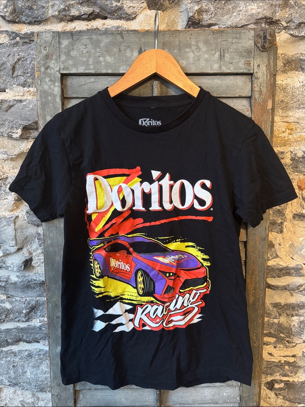Pepsi Black Short Sleeve Tee with Red, Yellow & Purple Racing Car Graphic